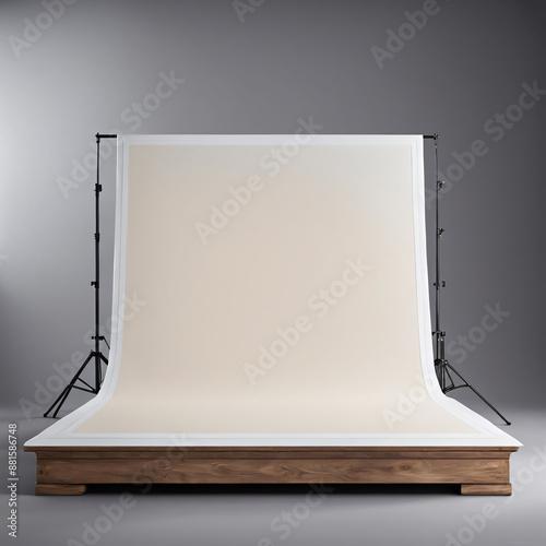 Minimalist photography studio with wooden platform and neutral backdrop photo