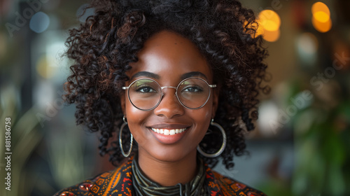 Smiling young African-American woman with curly hair and glasses, wearing colorful ethnic jewelry. Concept of confidence, beauty, and cultural pride.