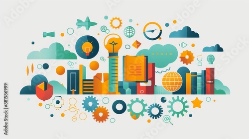 Knowledge cloud, curriculum elements, flat design illustration