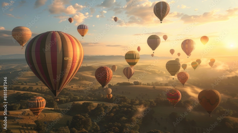 Naklejka premium Sunrise Hot Air Balloon Flight Over Lush Landscape