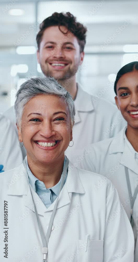 Face, team and diverse scientist people in laboratory, research and cooperation. Portrait, group and medical doctors, workers or employees in collaboration on experiment, drug trail or breakthrough Face, team and diverse scientist people in laboratory, research and cooperation. Portrait, group and medical doctors, workers or employees in collaboration on experiment, drug trail or breakthrough