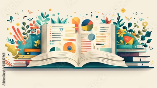 Journals with instructional diagrams, flat design illustration
