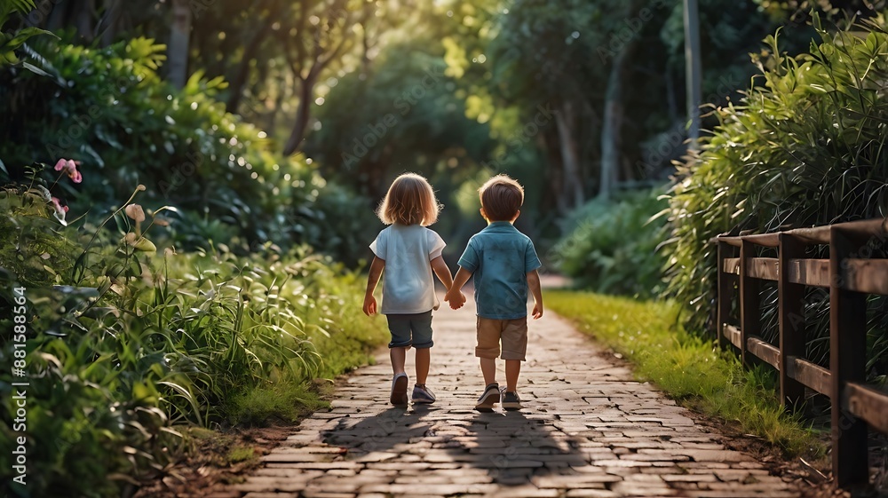 Back view of two little friends holding hands and walking. Back view of two little friends holding hands and walking.