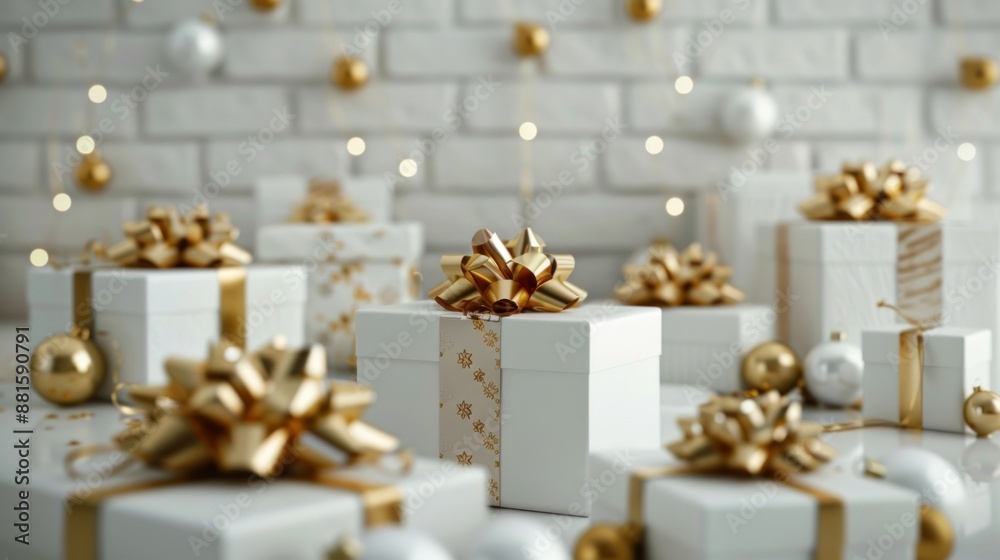 White Gift Boxes with Golden Bows and Ornaments White Gift Boxes with Golden Bows and Ornaments