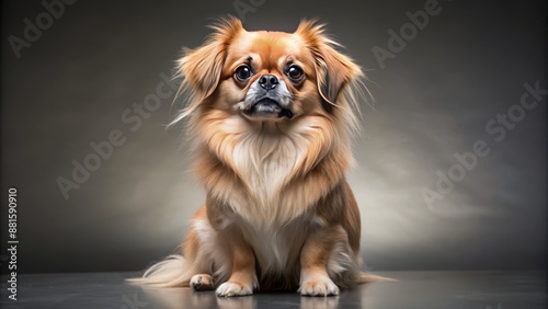 Wide shot of a Tibetan Spaniel sitting, studio portrait. photo