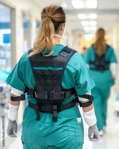 Nurse using exoskeleton hardware for lifting and moving patients, breakthrough, reduced injury risk