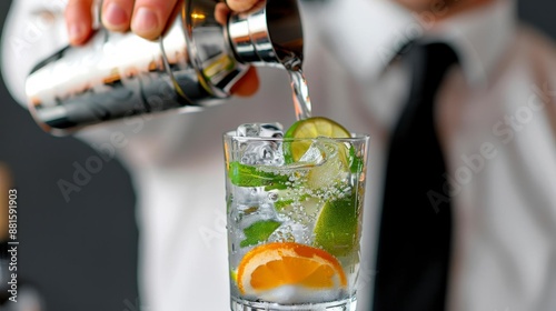 Bartender pouring a refreshing cocktail with lime and orange slices from a shaker into a glass, creating a perfect mixed drink.