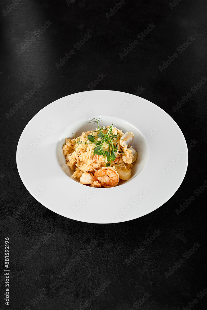 Seafood Risotto with Scallops and Shrimp on a Black Background Seafood Risotto with Scallops and Shrimp on a Black Background