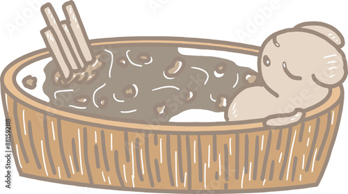 Cartoon of chocolate fondue mixed with crackers, a bread bear soaked in it, and Pocky in a wooden bowl shaped like a water bowl