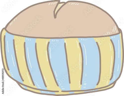 Cartoon baked bread in a round blue-yellow cup The dough is beautifully round and light brown in color