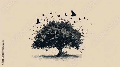 Biblical illustration of mustard seed parable. It becometh a tree, so that the birds of the air come and lodge in the branches thereof.