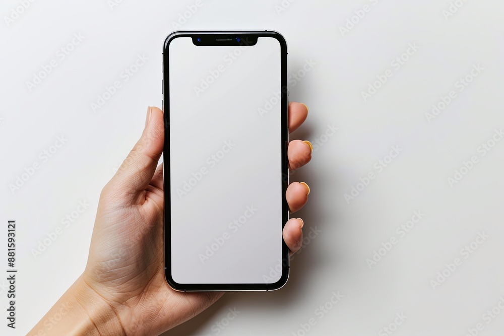 Smartphone mockup on hand with white blank screen created with Generative AI Smartphone mockup on hand with white blank screen created with Generative AI
