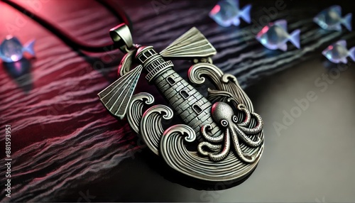 A detailed pendant featuring a lighthouse with sea creatures like fish and an octopus intertwined with the waves. photo