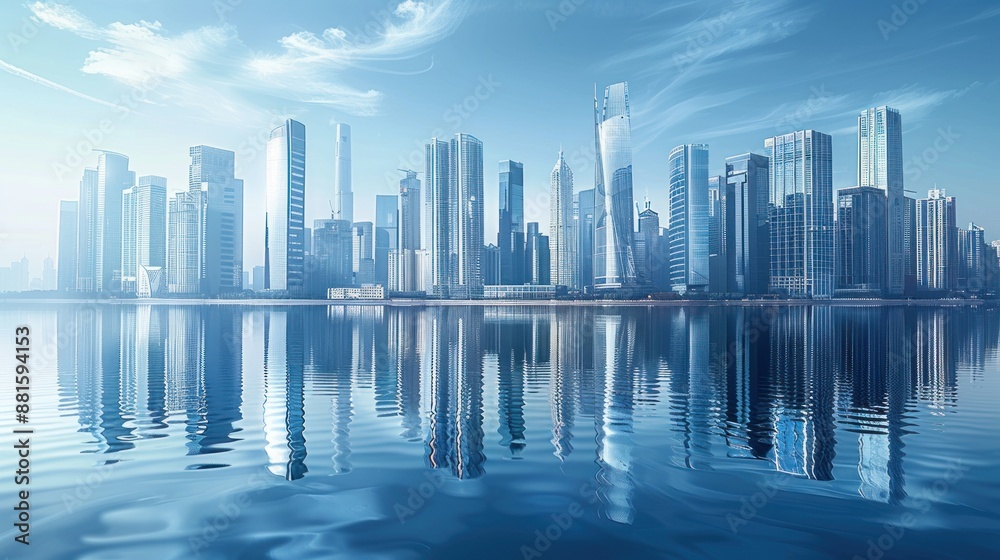 Modern City Skyline Reflected in Still Water Modern City Skyline Reflected in Still Water