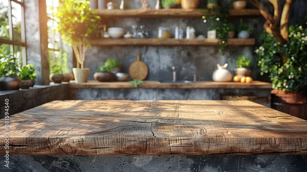 Rustic wooden table in a bright kitchen Rustic wooden table in a bright kitchen