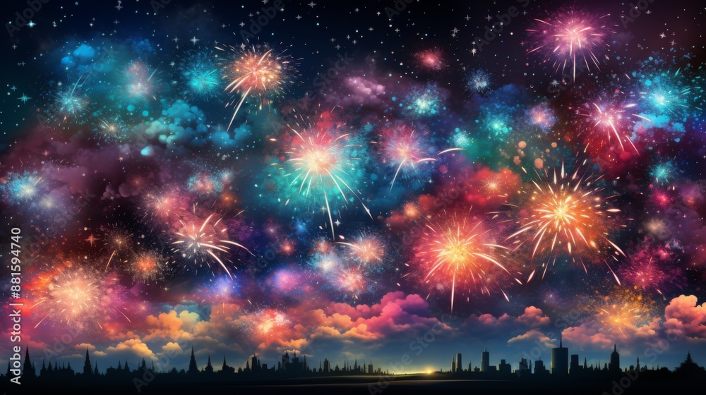 Spectacular Fireworks Display Over City Skyline Spectacular Fireworks Display Over City Skyline