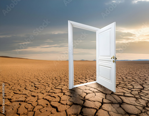 Minimalistic 3D illustration of an opened door in a barren desert landscape, evoking themes of opportunity and new ventures.