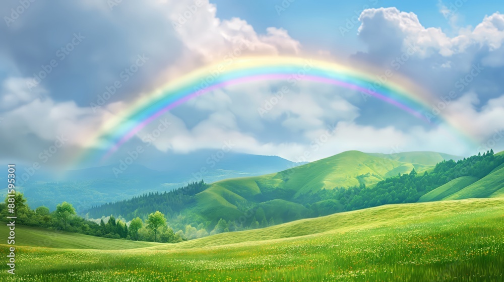 Panoramic green hills of end of the rainbow isolated on transparent background Generative AI Panoramic green hills of end of the rainbow isolated on transparent background Generative AI