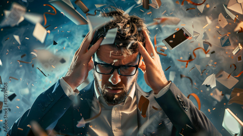 Business People head bursting with information data, symbolizing the overwhelming effects of media and social media addiction.powerful visual metaphor.