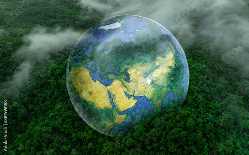 Fototapeta Naklejka Na Ścianę i Meble -  Aerial view of the green forest against the land. Demonstrates the concept of preserving the ecosystem and nature, air pollution and saving the planet.	
