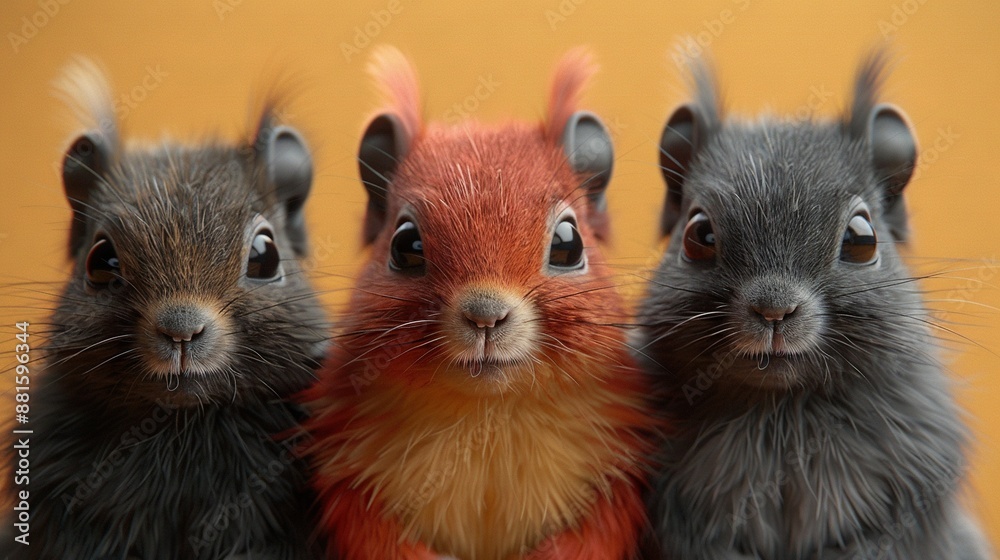 Three black and red squirrels stand together on a yellow background, with one facing the camera Three black and red squirrels stand together on a yellow background, with one facing the camera