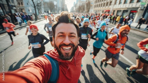 Happy man taking selfie with group of people running in a city marathon race.