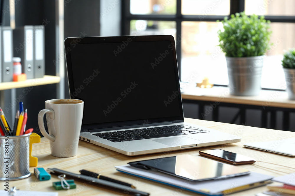 Modern home office workspace with laptop, coffee mug, smartphone, and stationery on a wooden desk, with potted plants and natural light from large windows Modern home office workspace with laptop, coffee mug, smartphone, and stationery on a wooden desk, with potted plants and natural light from large windows
