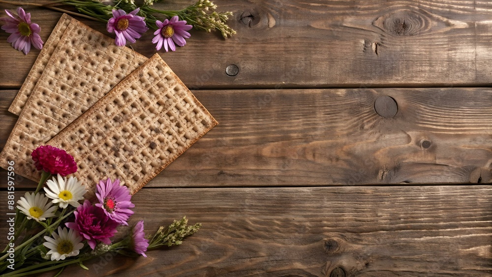 Flat lay composition of matzo and flowers on wooden background, space for text. Passover (Pesach) Seder Flat lay composition of matzo and flowers on wooden background, space for text. Passover (Pesach) Seder