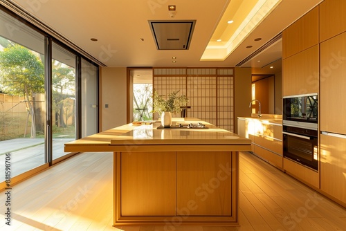 Wallpaper Mural /imagine A Japanese-inspired kitchen with minimalist design, light wood cabinetry, and clean lines. A central island with a built-in cooktop and sliding doors adds functionality and elegance. Torontodigital.ca