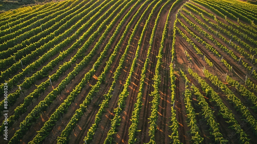 Fototapeta premium An aerial view captured by a drone, showcasing vineyard fields in the Somontano Designation of Origin wine region, located in the province of Huesca, Aragon, Spain.