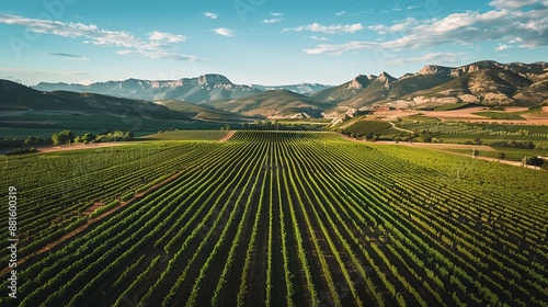 An aerial view captured by a drone, showcasing vineyard fields in the Somontano Designation of Origin wine region, located in the province of Huesca, Aragon, Spain.