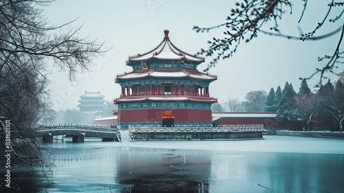 Wallpaper Mural A picturesque winter scene of the Forbidden City in Beijing, featuring a plaque on a building displaying the palace's name. Torontodigital.ca