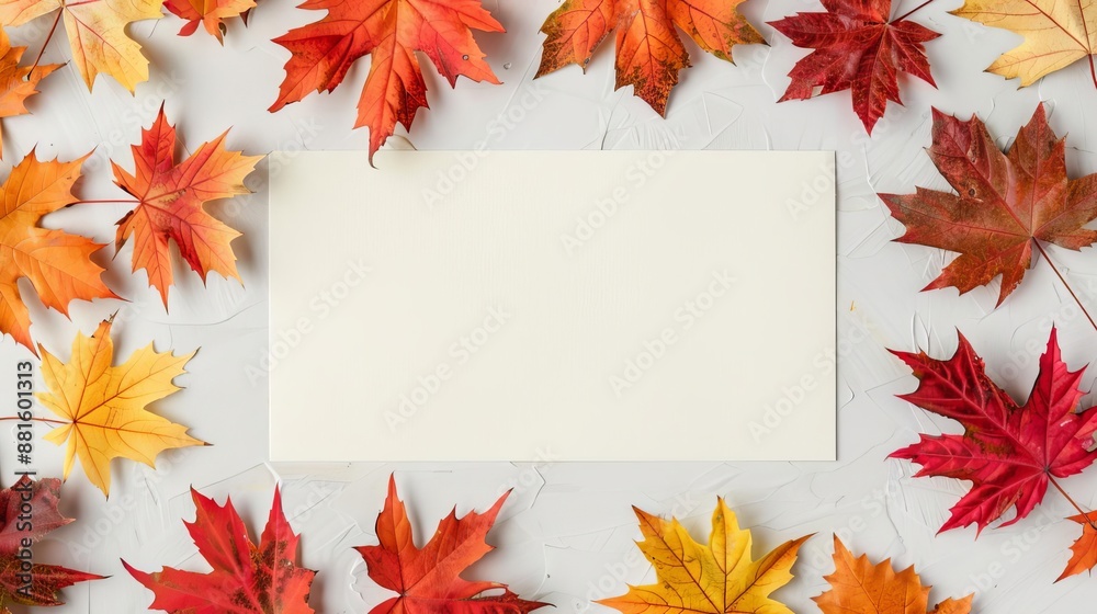 Bright and vibrant maple leaves at the edge, blank center, perfect for festive seasonal invitations Bright and vibrant maple leaves at the edge, blank center, perfect for festive seasonal invitations