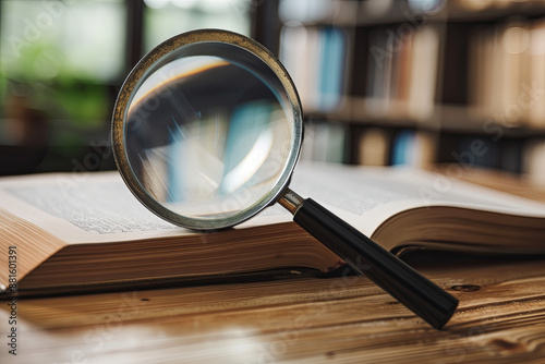 Magnifying glass and an open book on a desk, representing learning, research, or searching for information photo