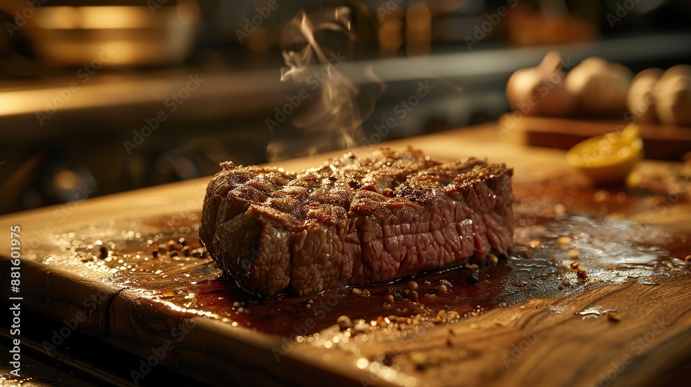 Grilled beef on a wood chop board in kitchen in the restaurant. Image of beef steak. copy space for text. Grilled beef on a wood chop board in kitchen in the restaurant. Image of beef steak. copy space for text.