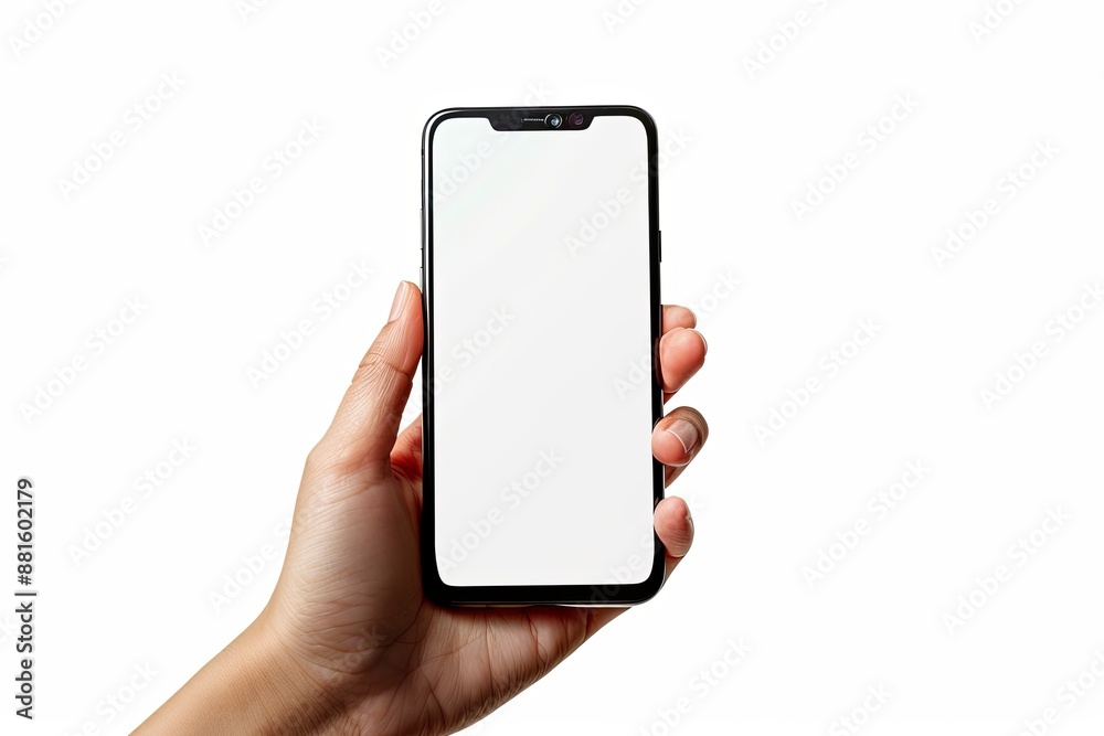 Smartphone mockup on hand with white blank screen created with Generative AI Smartphone mockup on hand with white blank screen created with Generative AI