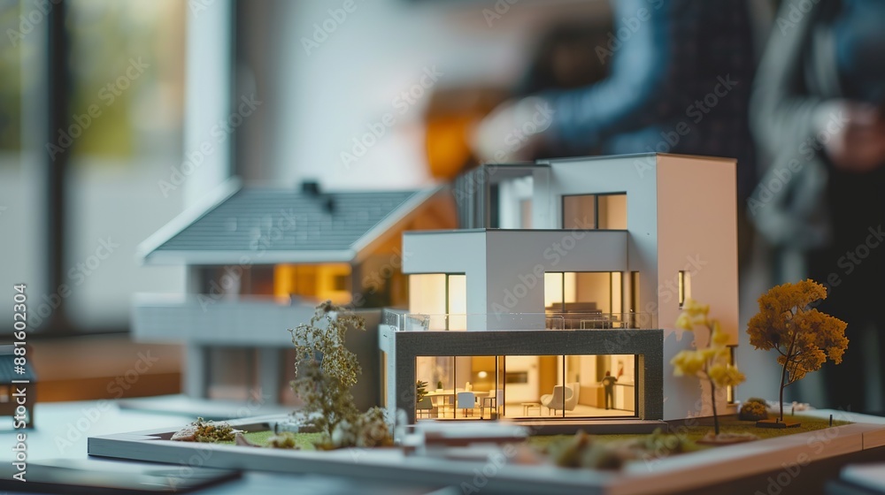 A scene depicting a real estate agent, a house model, and a customer engaged in a discussion about purchasing property, securing insurance, or obtaining a loan. A scene depicting a real estate agent, a house model, and a customer engaged in a discussion about purchasing property, securing insurance, or obtaining a loan.
