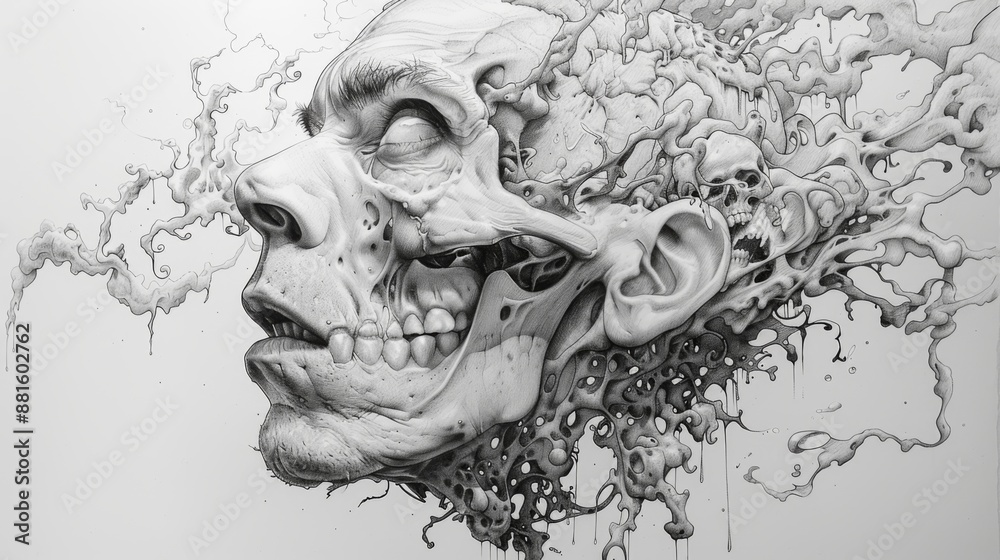 Fototapeta premium Surreal Decay: A Graphite Portrait of Dissolution