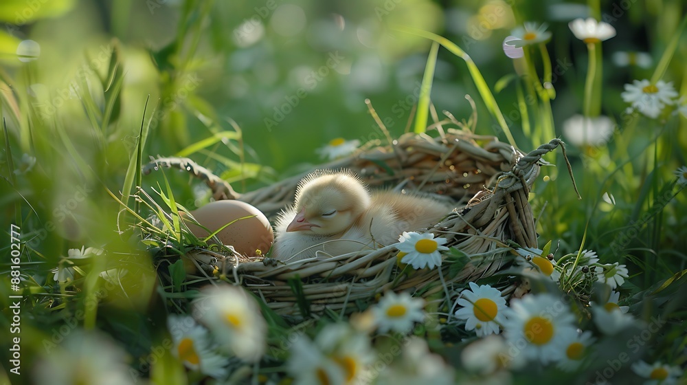 Eggs in the meadow is and a cute little to sleeping in the basket Eggs in the meadow is and a cute little to sleeping in the basket
