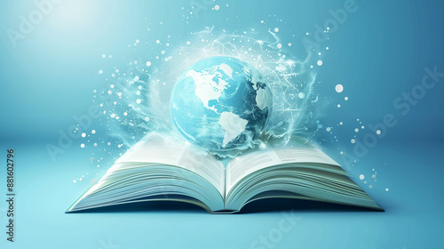Futuristic Global Education with Open Book and Planet Map on Blue Background, Technology Innovation Learning and Digital Knowledge Global Education, International Study and Advancement