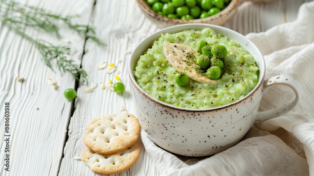 A ceramic cup filled with pea porridge accompanied by rusks, presented on a white wooden background. A ceramic cup filled with pea porridge accompanied by rusks, presented on a white wooden background.