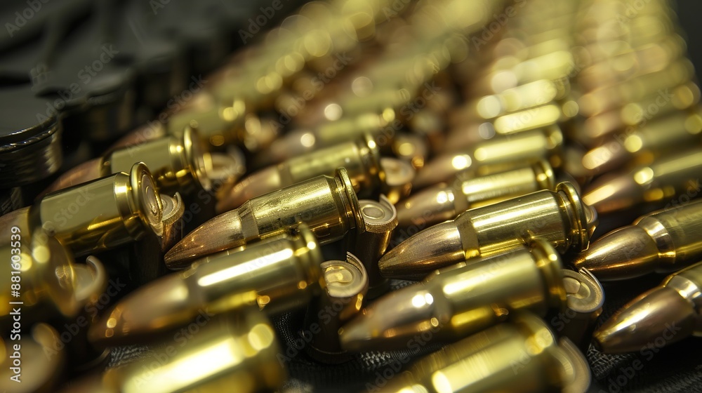 Naklejka premium A photograph featuring 5.56mm ammunition, machine gun bullets in a belt, and rifle ammunition loaded in magazines.