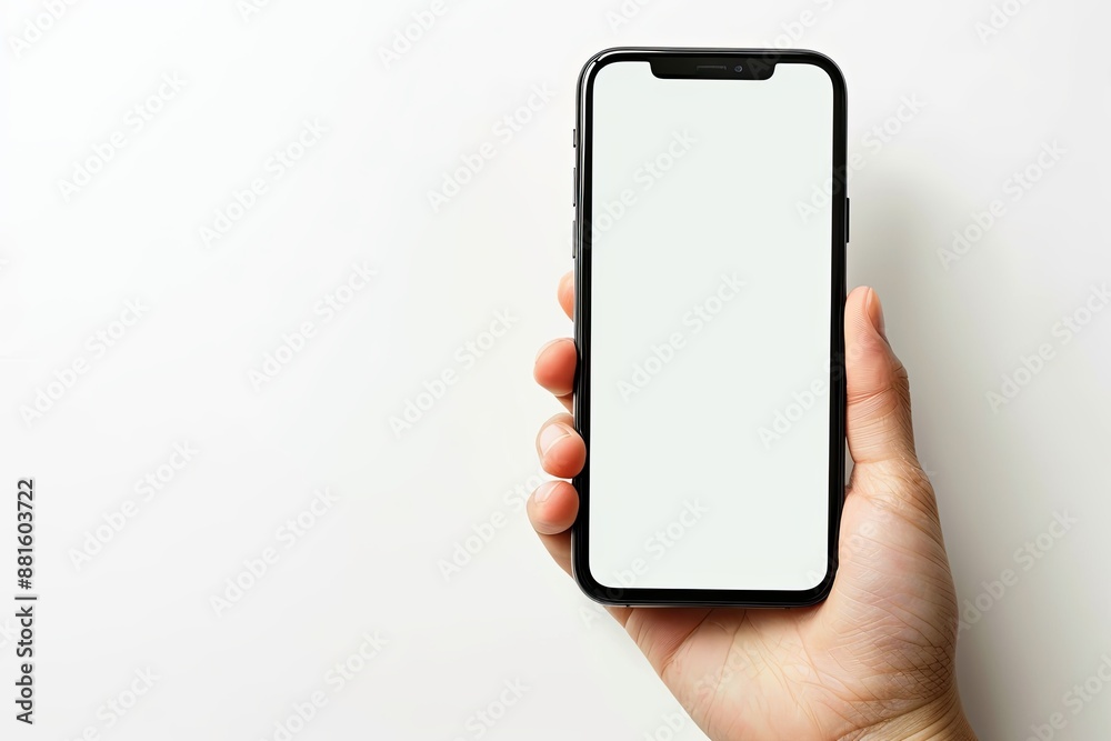 Smartphone mockup on hand with white blank screen created with Generative AI Smartphone mockup on hand with white blank screen created with Generative AI