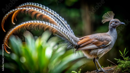 Wide shot of a Lyrebird displaying, studio portrait. photo