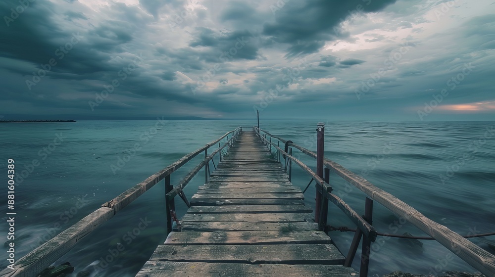 Fototapeta premium A serene sea landscape under a cloudy evening sky, featuring a sea bridge in Ravda, Bulgaria, with a slow-motion effect to capture the tranquil atmosphere.