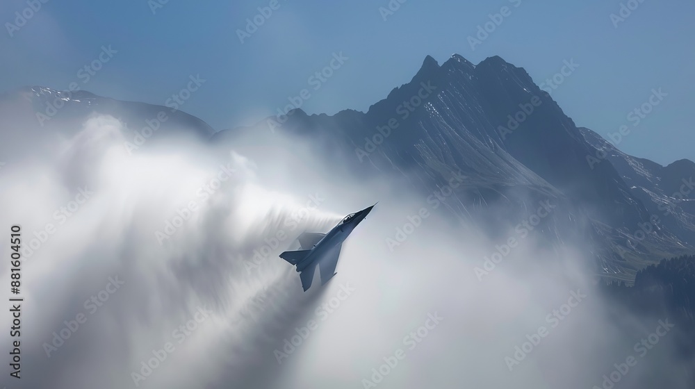 SION, SWITZERLAND - SEPTEMBER 17, 2011: A jet plane breaks the sound barrier in a spectacular display during the Breitling Sion airshow, thrilling the audience with high-speed aerobatics.
SION, SWITZERLAND - SEPTEMBER 17, 2011: A jet plane breaks the sound barrier in a spectacular display during the Breitling Sion airshow, thrilling the audience with high-speed aerobatics.