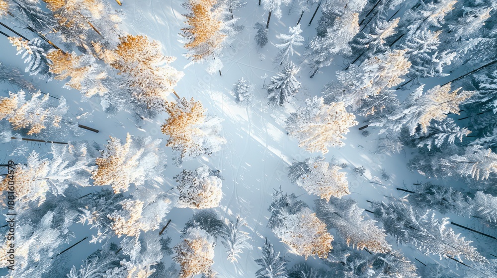 Obraz premium Ski tracks winding through a winter forest. Aerial view of snow-covered larch trees in the morning, showcasing the beauty of northern nature and promoting ecological tourism in the woodland.