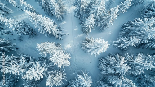 Ski tracks winding through a winter forest. Aerial view of snow-covered larch trees in the morning, showcasing the beauty of northern nature and promoting ecological tourism in the woodland.