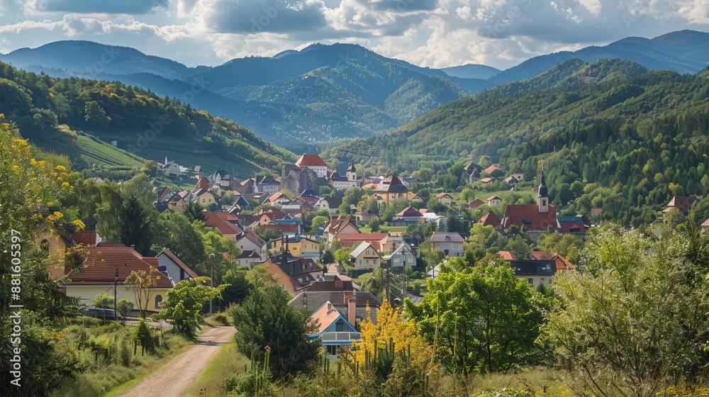 Fototapeta premium View of the Liptov village of Kalameny on the way to the ruins of Liptov Castle.
