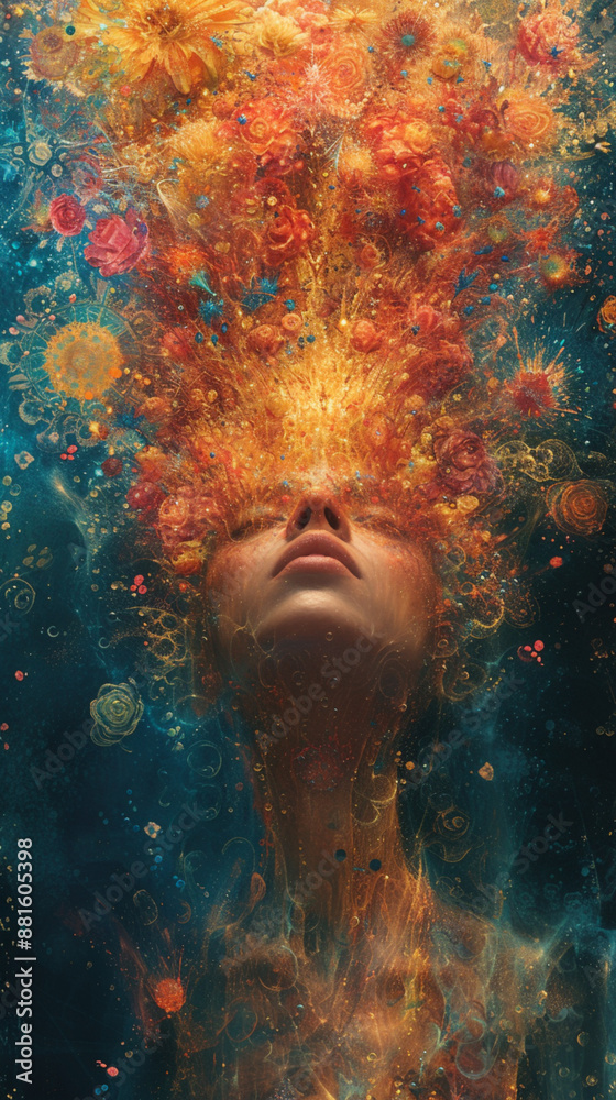 Floral Explosion Mixed Media Portrait: Vibrant Synaesthetic Art with Blooming Flowers